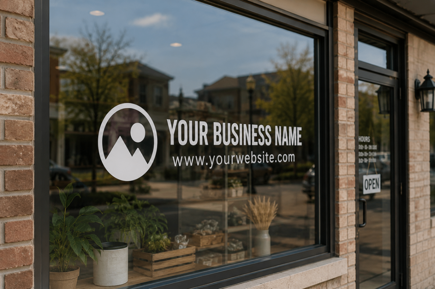 Cut vinyl logo and web address applied to a storefront window