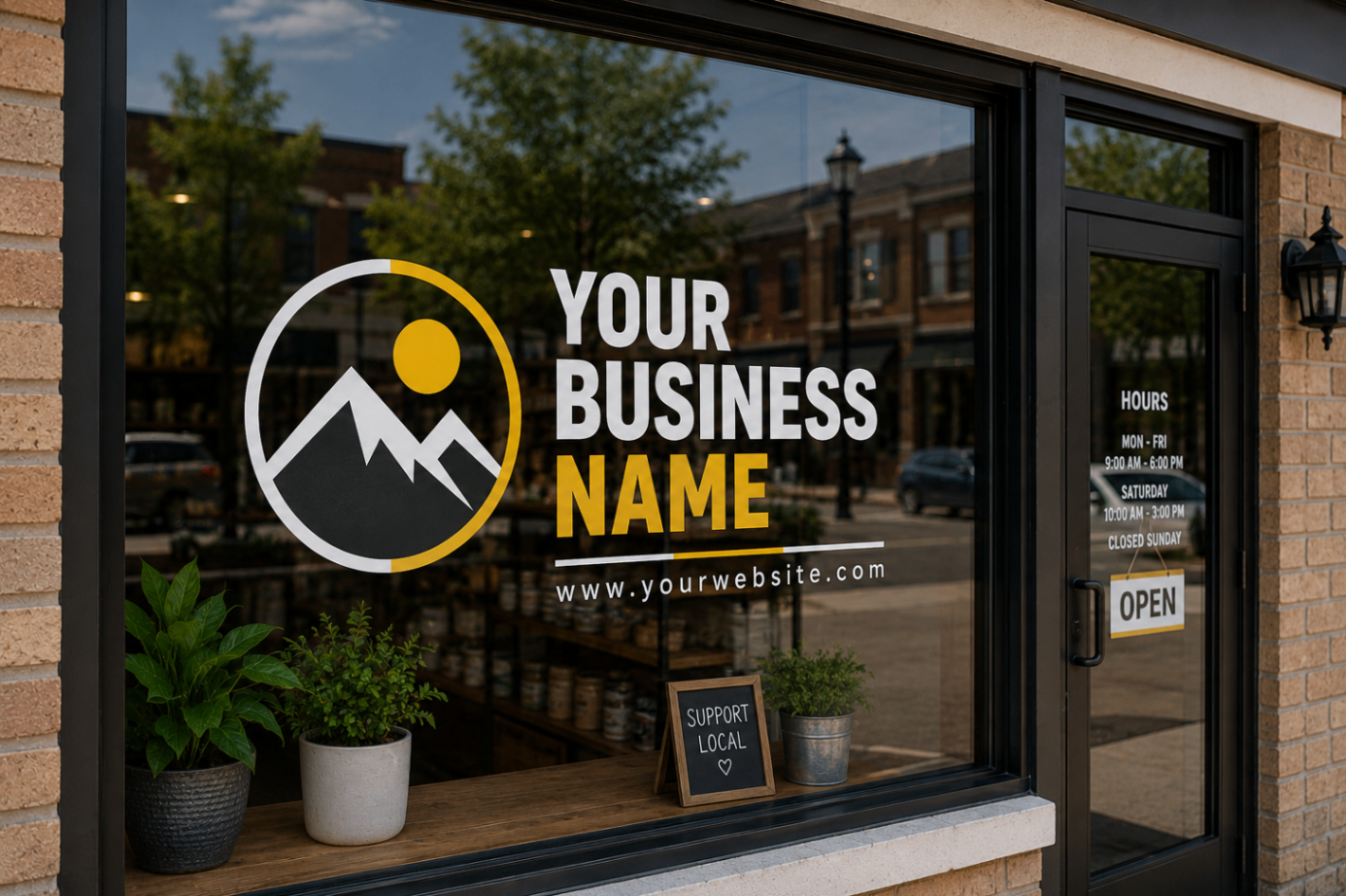 Storefront window with a custom vinyl logo, name, hours, and website