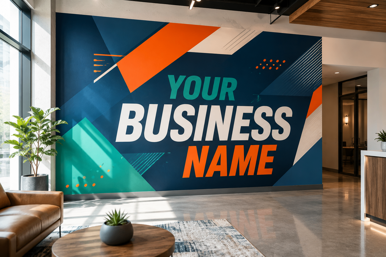 Large geometric vinyl wall mural in a corporate lobby
